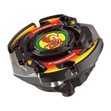 Dranzer Spiral 3-80T in Schwarz, montierter Kreisel in Schrägansicht mit rotem Phönix-Sticker