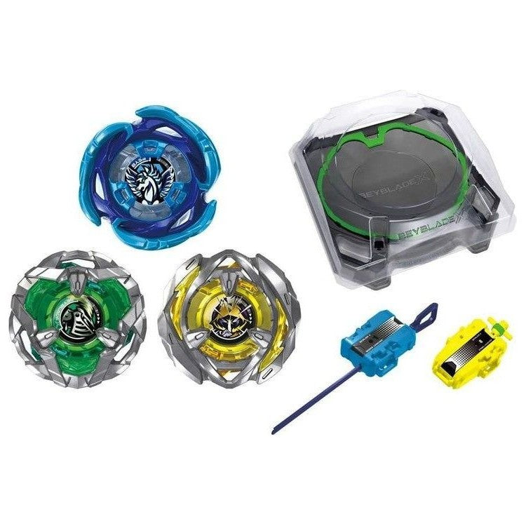 Inhalt des All In One Sets: Xtreme Beystadium, drei Beyblade X Kreisel und zwei Launcher