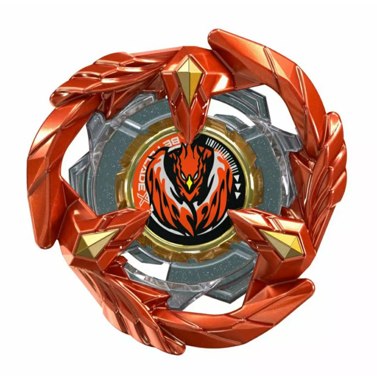 Phoenix Feather Blade in Orange von oben, roter Phönix Sticker in der Mitte und goldene Spitzen