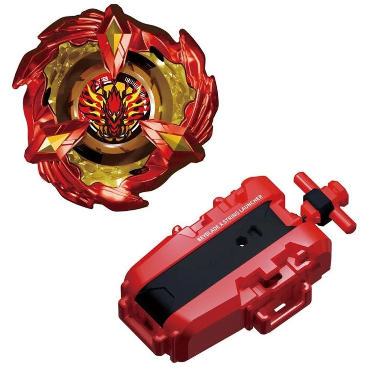 Roter Kreisel Phoenix Wing 9-60GF neben dem roten String Launcher, ausgepackt